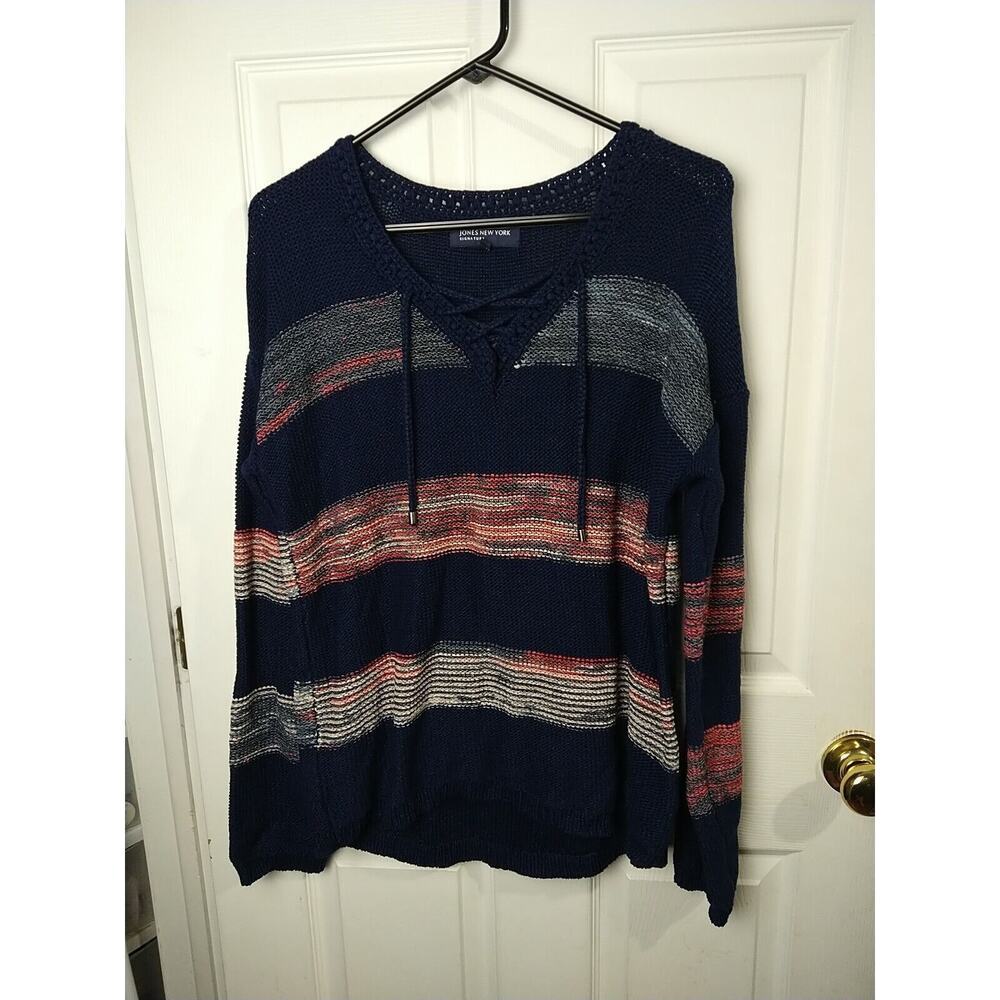 Jones New York Woman L Sweater V Neck Blue Red Striped V Neck Long Sleeve...